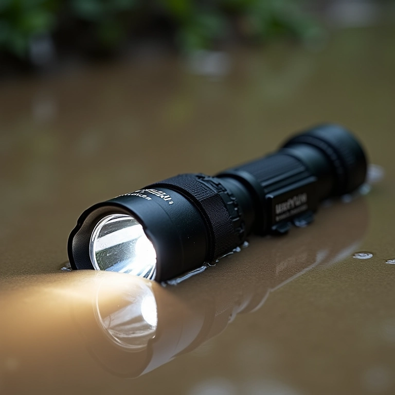 Lanterna tática Streamlight ProTac 2.0 parcialmente submersa em água barrenta.