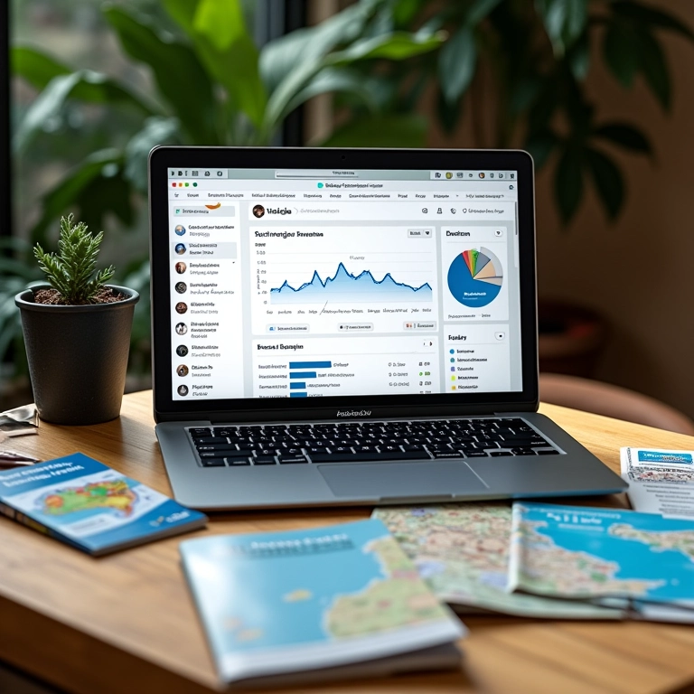 Laptop exibindo dashboard de análise de mídias sociais, cercado por guias de viagem brasileiros.
