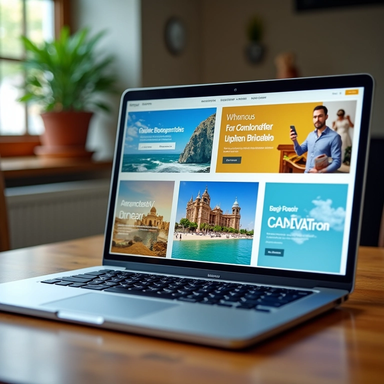 Laptop mostrando vários tópicos de nicho: finanças, viagens, comida, beleza.