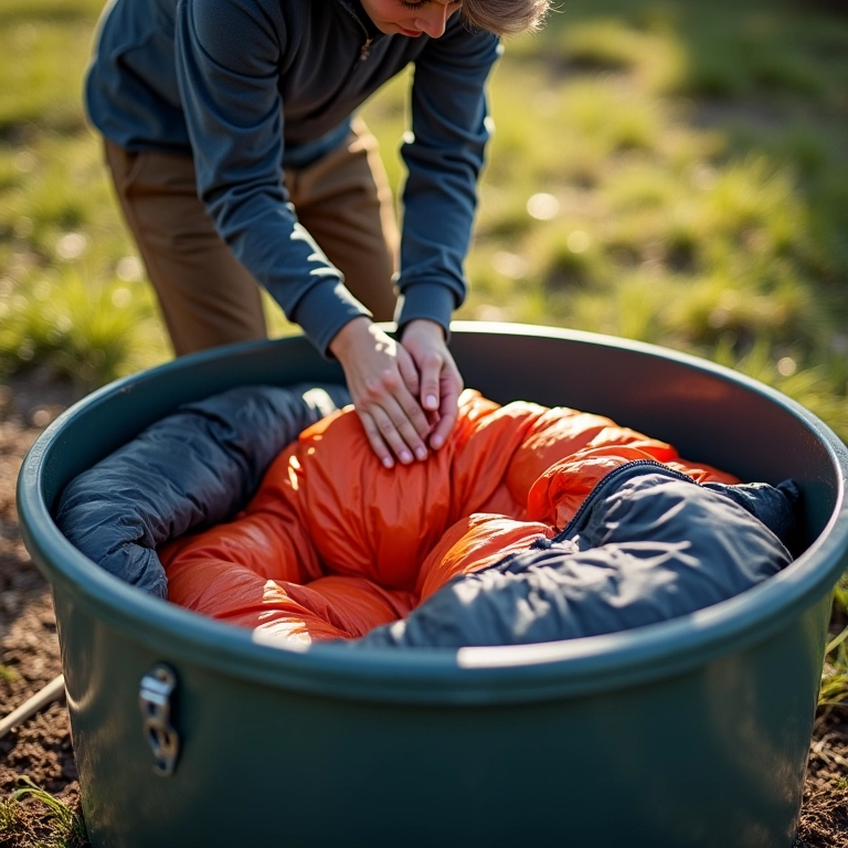 Lavando e conservando um saco de dormir.