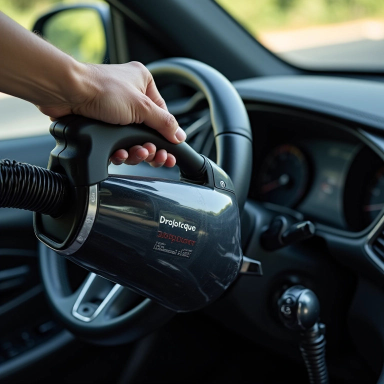 Limpando o recipiente de pó de um aspirador automotivo.