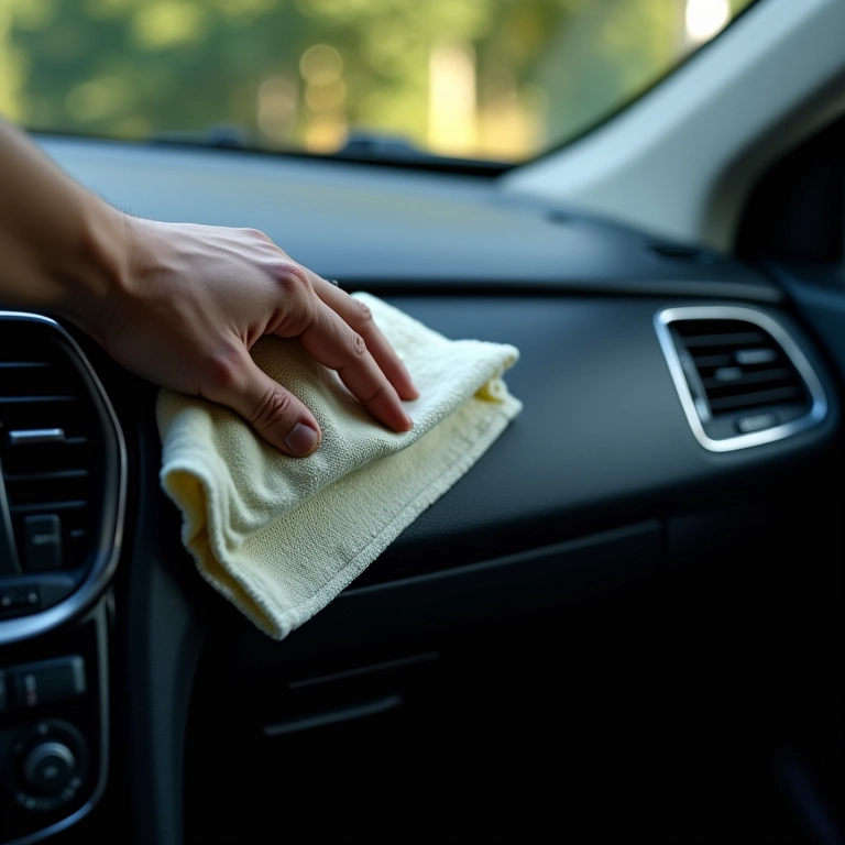 Limpeza do painel interno de um carro com microfibra.