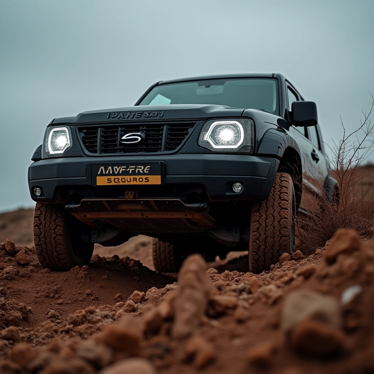 Logo da Mapfre Seguros com um 4x4 robusto superando um terreno desafiador.