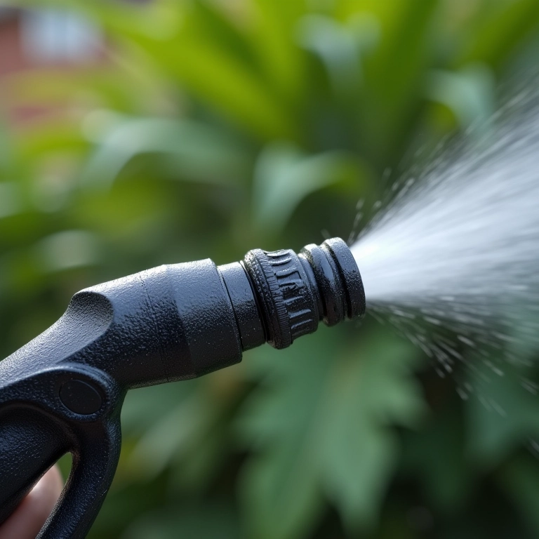 Mangueira com bico de pulverização ajustável lavando um carro.