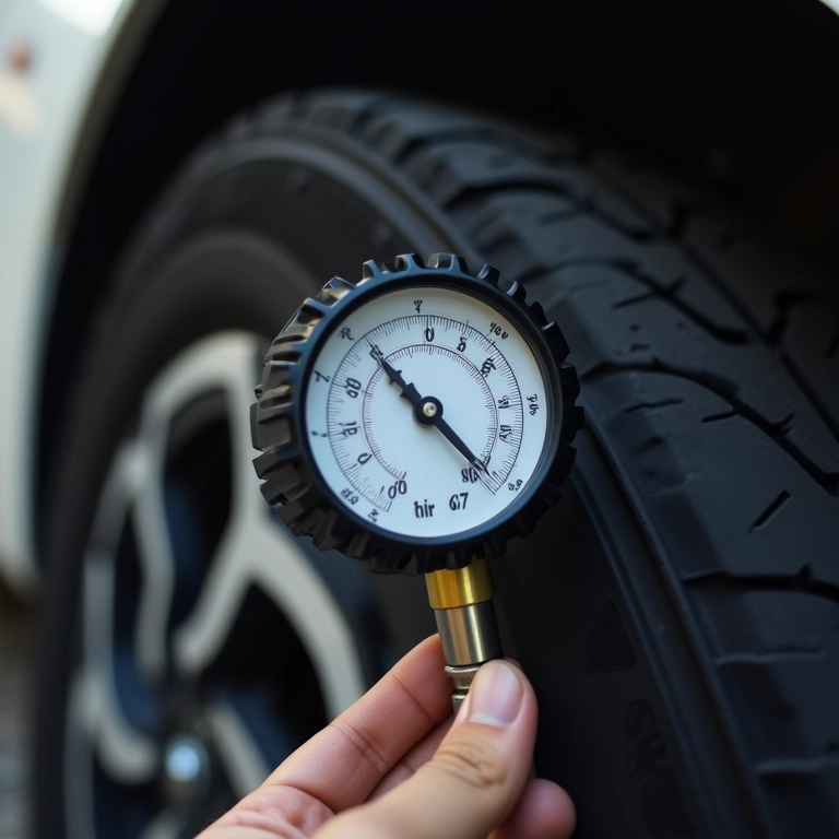 Manômetro medindo a pressão do pneu de uma Toyota SW4.