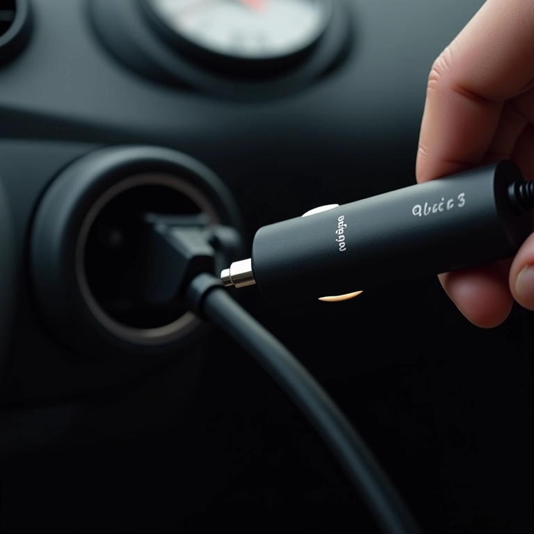 Mão conectando cabo USB em um carregador automotivo Quick Charge 3.0.