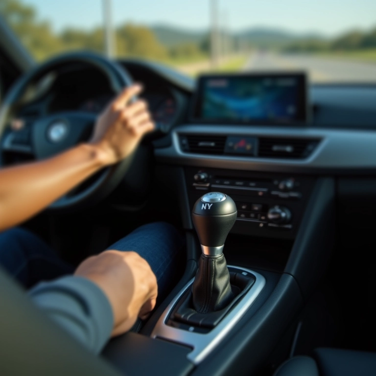 Mão de motorista mudando marcha para 'N' em carro automático.