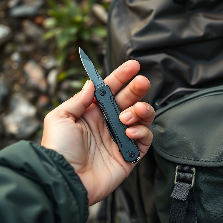Mão segurando canivete multifuncional compacto ao lado de mochila de hiking.