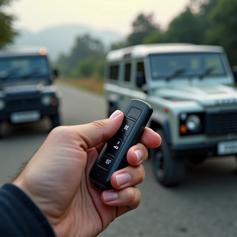 Mão segurando chave de carro com Pajero TR4 e Tracker ao fundo.