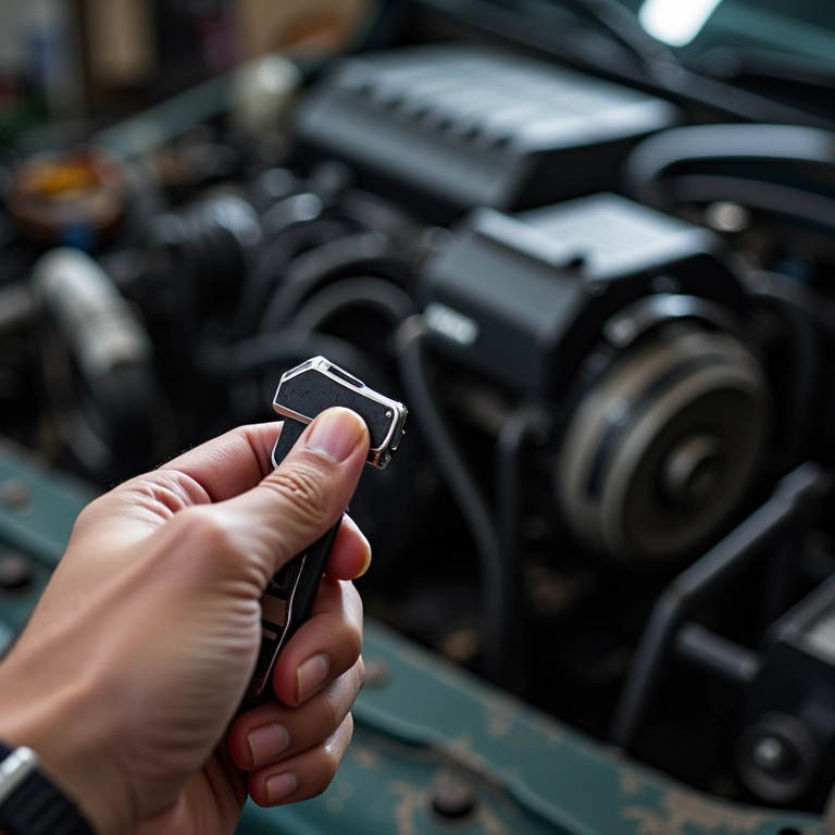Mão segurando ferramentas perto do motor do Pajero TR4.