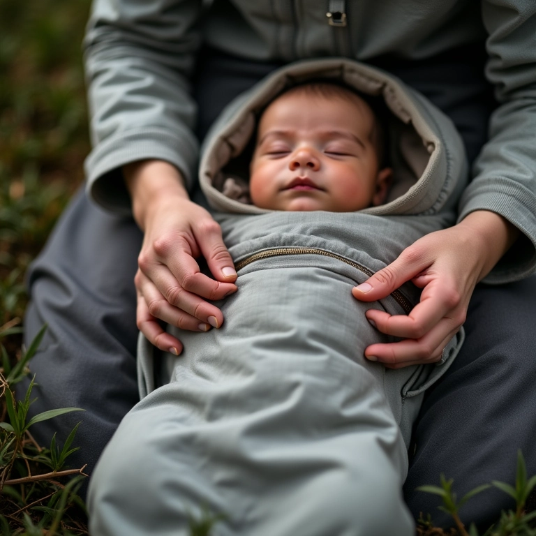Mãos ajustando as alças de um saco de dormir seguro e ventilado para recém-nascido.