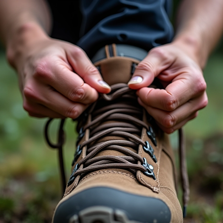 Mãos amarrando os cadarços da bota de trilha corretamente.