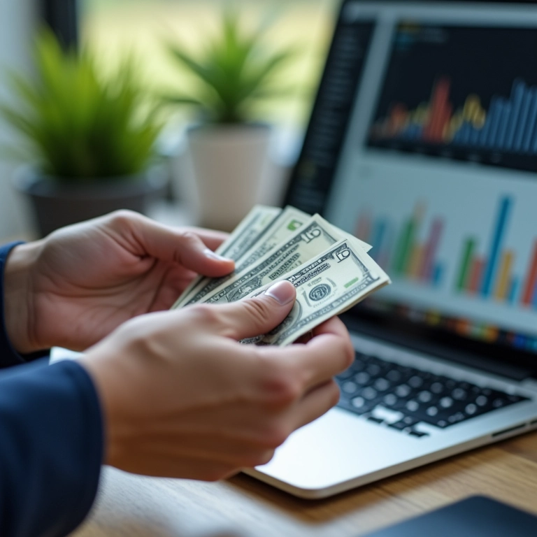 Mãos contando dinheiro perto de um laptop mostrando análises de blog.
