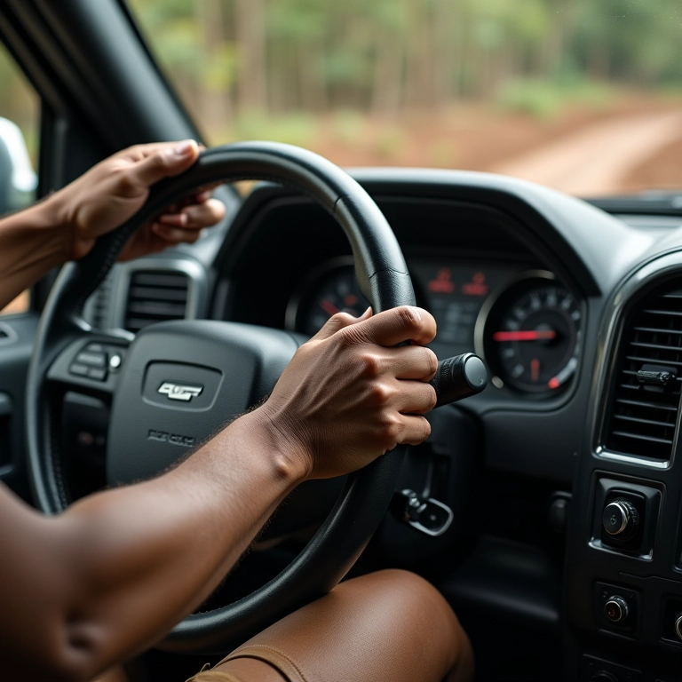 Mãos manobrando o volante de um 4x4 suavemente na lama.