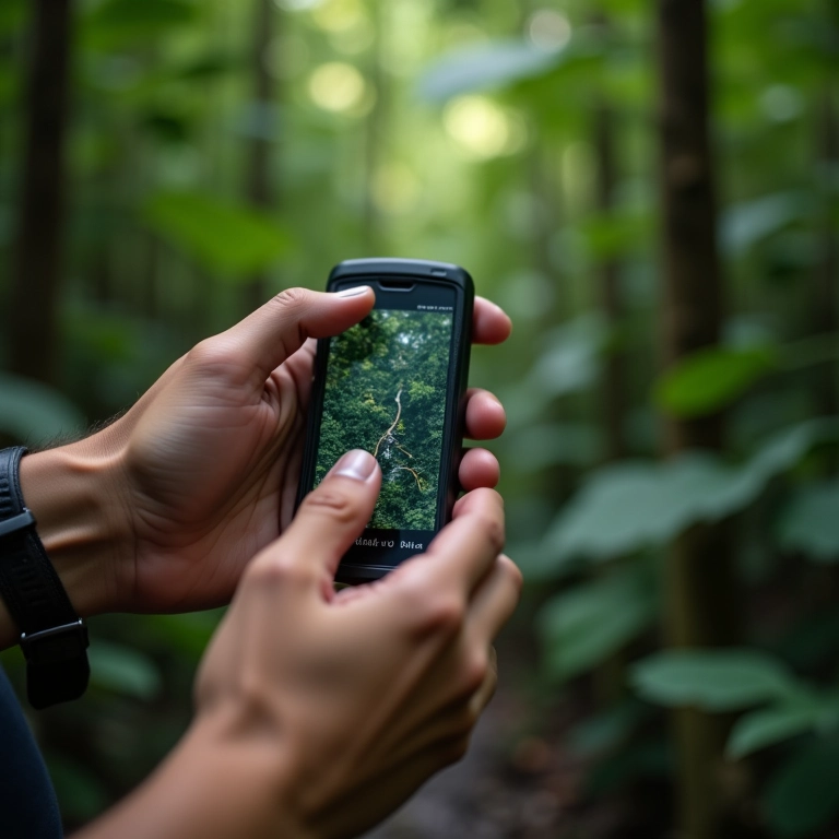 Mãos usando interface intuitiva de GPS durante trilha na floresta.