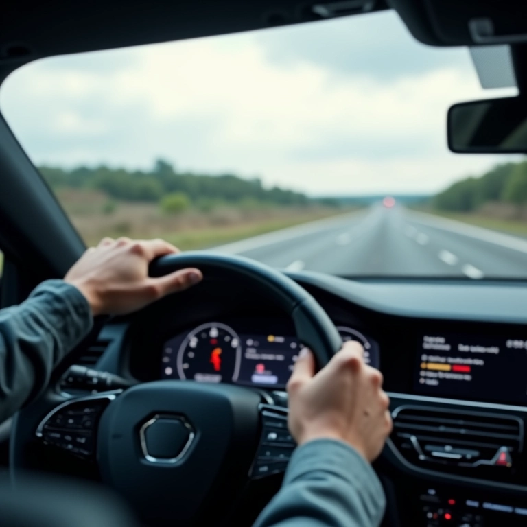 Mãos usando piloto automático em carro moderno.