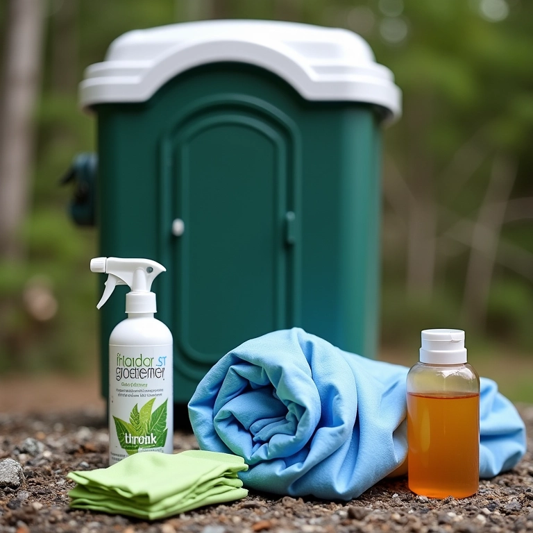 Materiais essenciais para limpeza de banheiro portátil de camping.