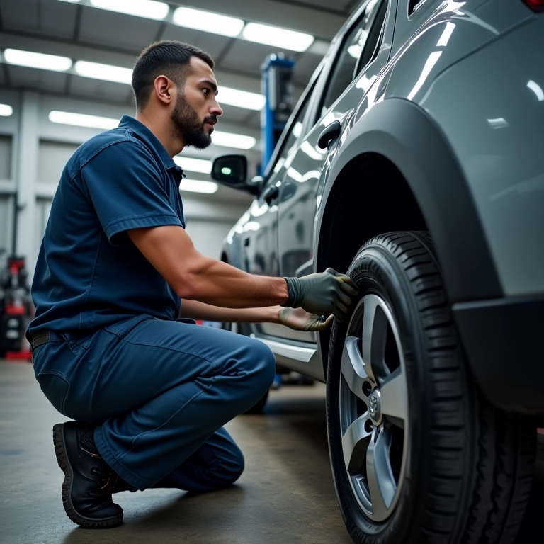 Mecânico alinhando os pneus da Duster.