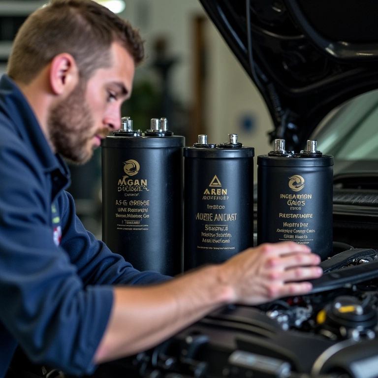 Mecânico avaliando megacapacitores para som automotivo.