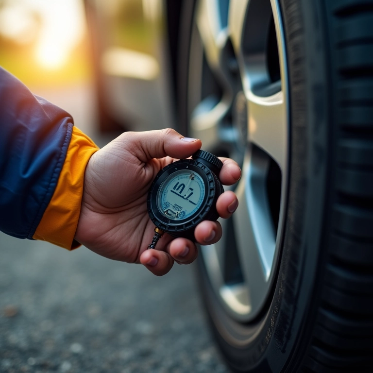 Mecânico brasileiro verificando a pressão do pneu de um carro com manômetro digital.