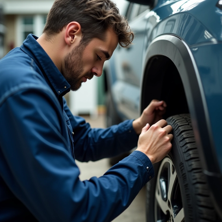 Mecânico inspecionando 4x4 para garantir o bom funcionamento.