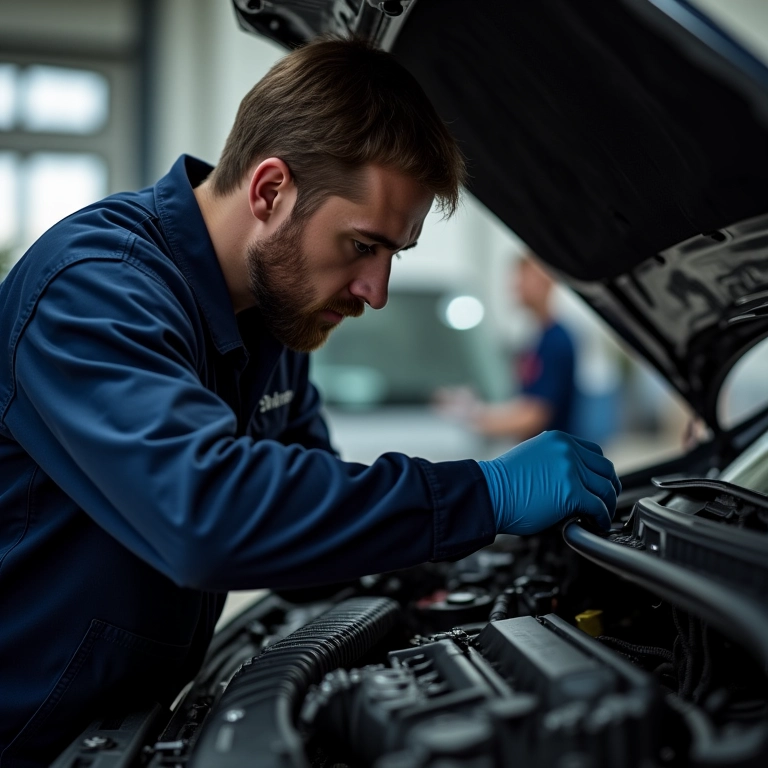 Mecânico inspecionando motor de um VW Gol.