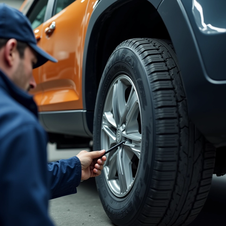 Mecânico inspecionando o desgaste do pneu de uma Toyota SW4.