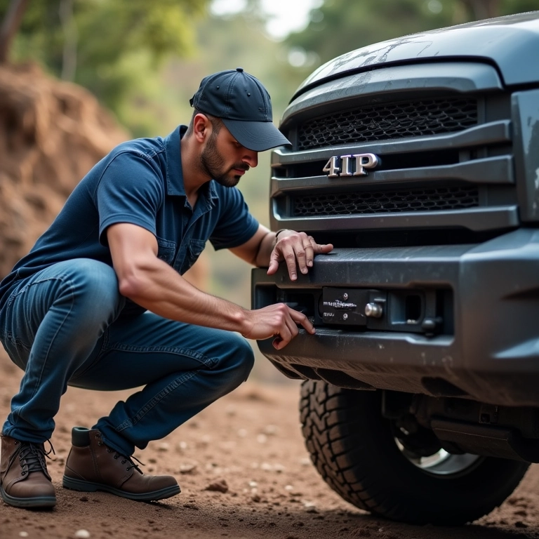 Mecânico inspecionando o engate de um 4x4.
