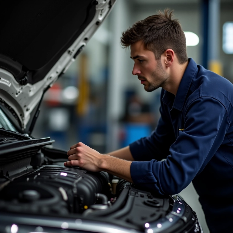 Mecânico inspecionando o motor de um Fiat Palio usado.