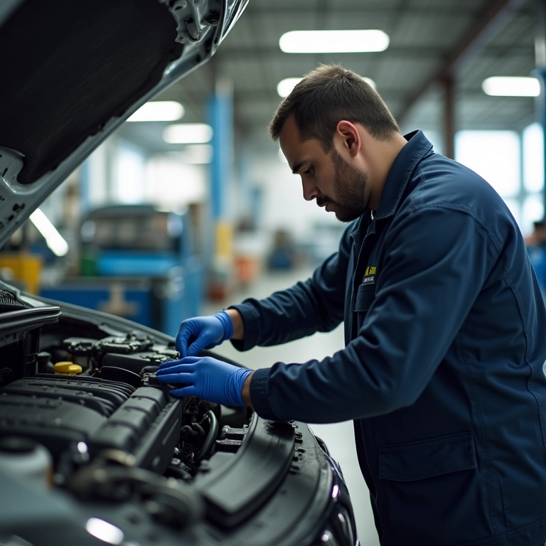 Mecânico inspecionando o motor de um Volkswagen Gol usado.