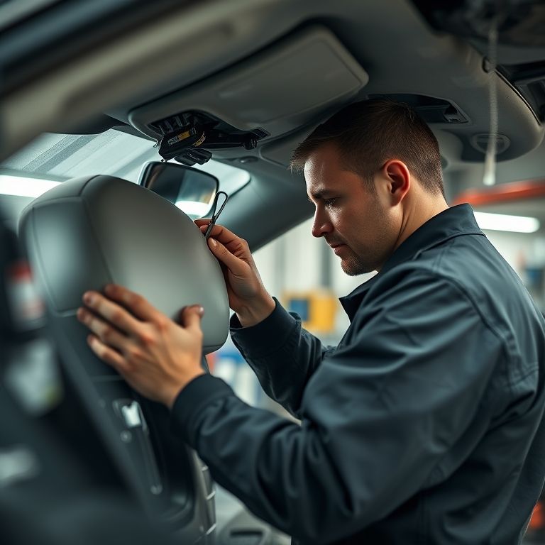 Mecânico inspecionando o sistema de airbag durante a manutenção preventiva do veículo.