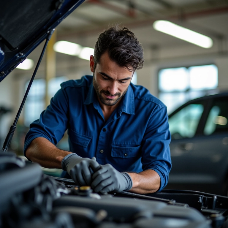 Mecânico realizando a manutenção preventiva de um carro em uma oficina no Brasil.