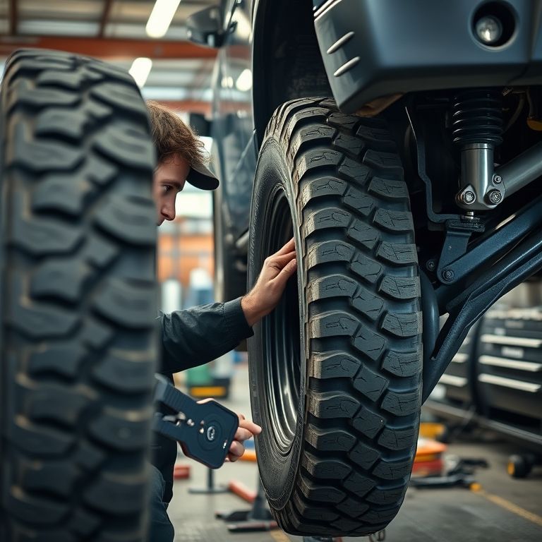 Mecânico trabalhando na manutenção de veículo 4x4.