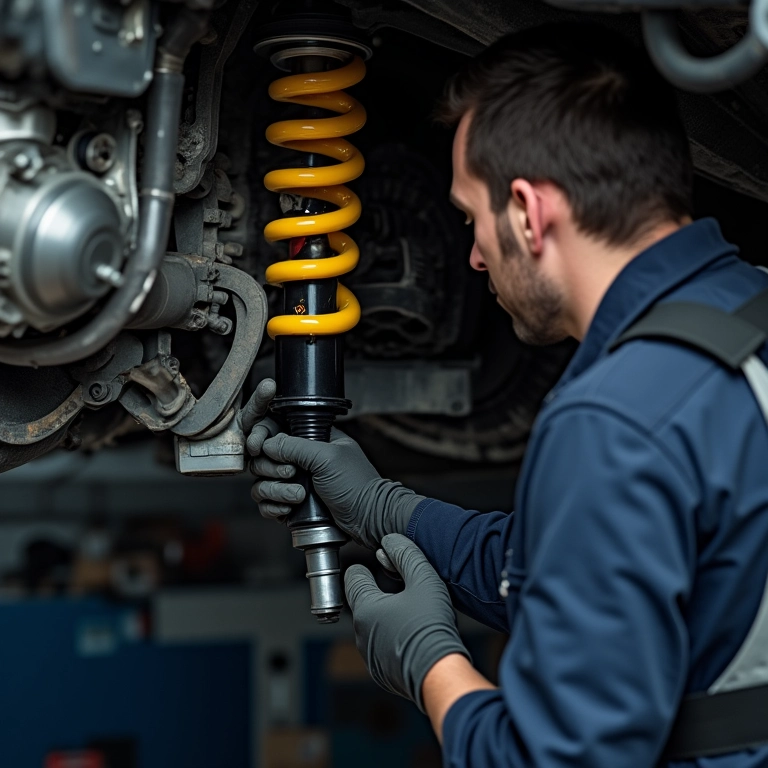 Mecânico trabalhando na suspensão de um VW Gol.