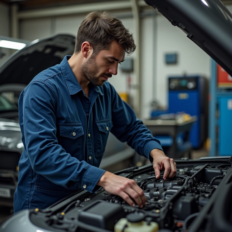 Mecânico trabalhando no motor de um Chevrolet Tracker.