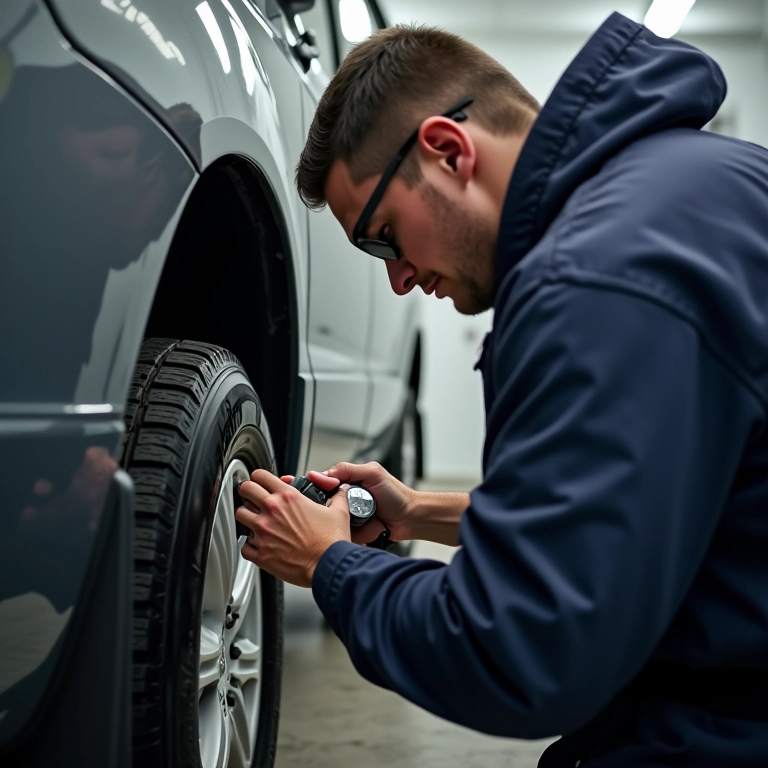 Mecânico verificando a pressão dos pneus de uma Toyota SW4.
