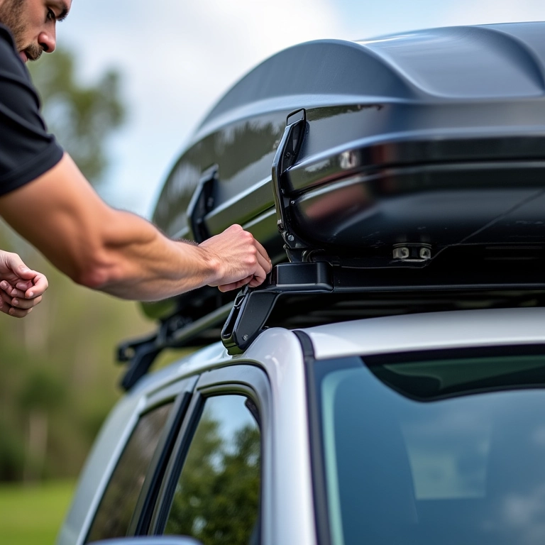 Mecanismo de instalação de um bagageiro de teto sendo inspecionado.