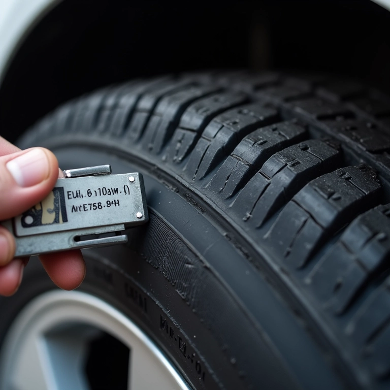 Medindo a profundidade do sulco do pneu.