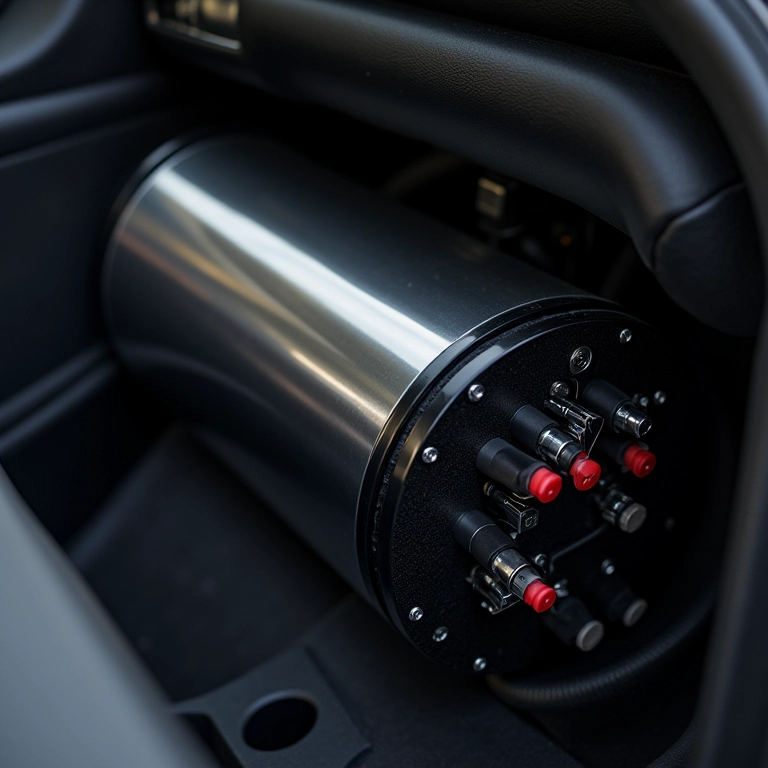 Megacapacitor instalado em um sistema de som automotivo.