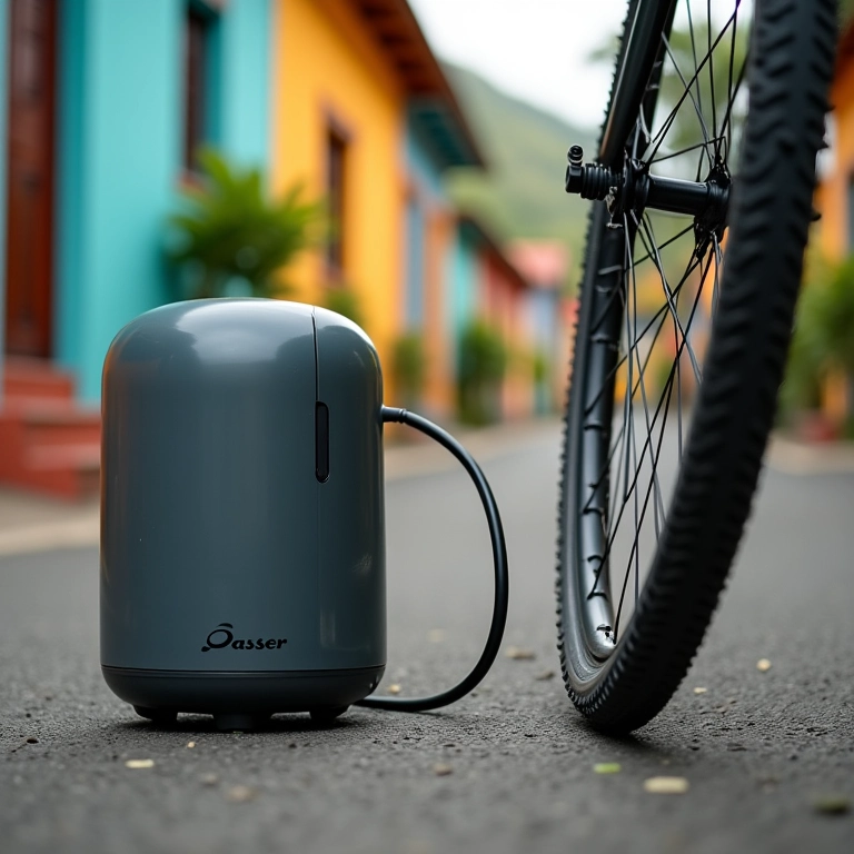 Mini compressor de ar Oasser com design inovador enchendo pneu de bicicleta.