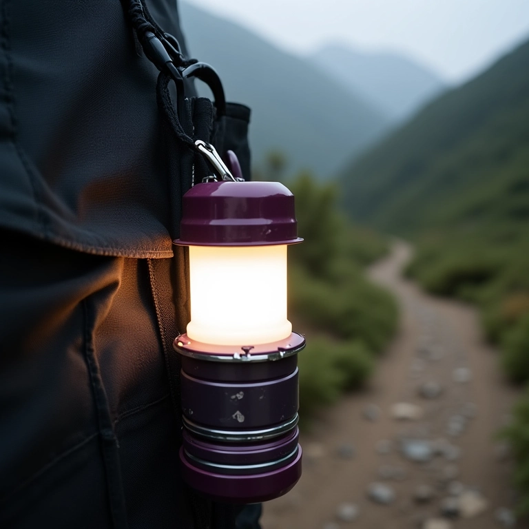 Mini lampião de LED chaveiro para camping preso em uma mochila.