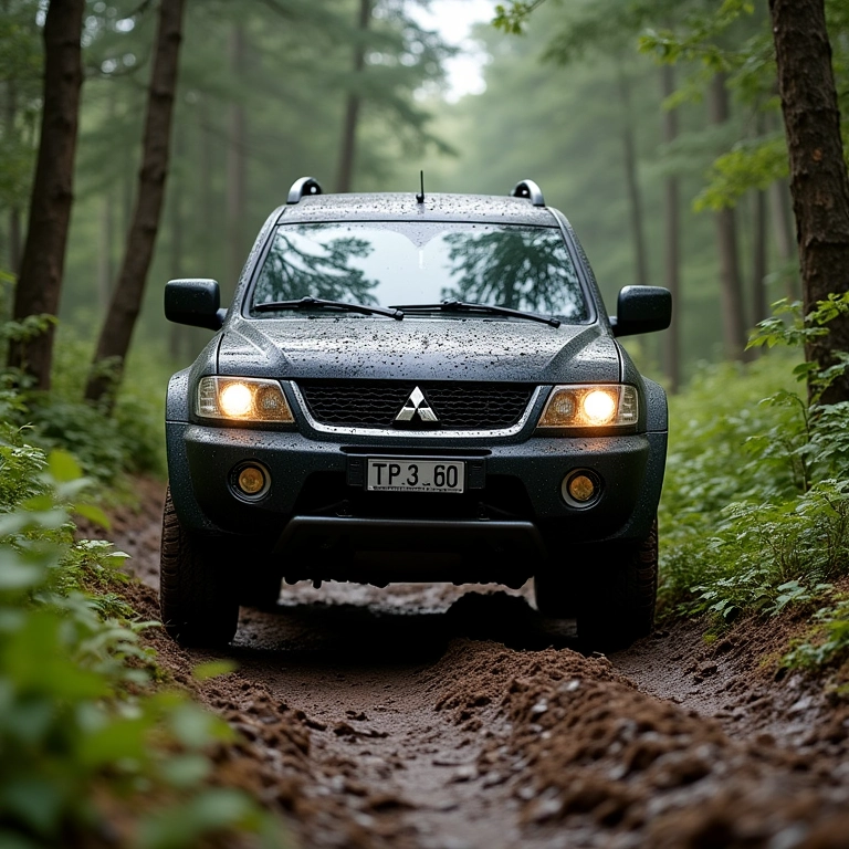 Mitsubishi TR4 conquistando uma trilha lamacenta em uma floresta densa.