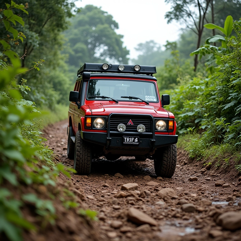 Mitsubishi TR4 dirigindo em uma trilha off-road em uma paisagem exuberante.