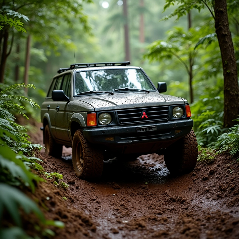 Mitsubishi TR4 subindo uma colina íngreme e lamacenta em uma floresta tropical.