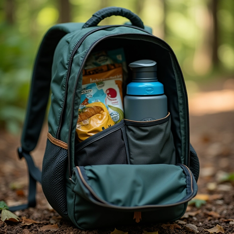 Mochila de 25 litros aberta mostrando água e comida para trilha.