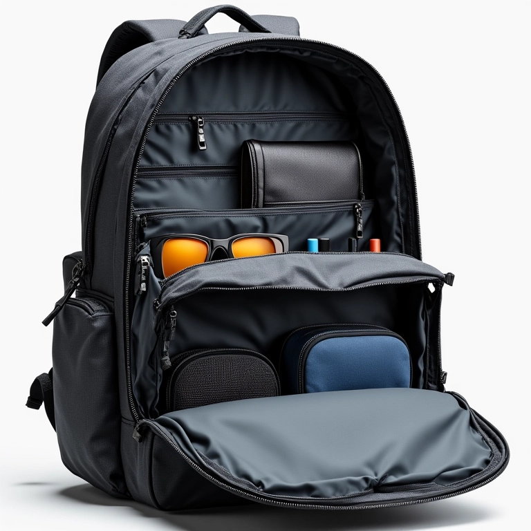 Mochila de 25 litros aberta mostrando compartimentos e acessórios.