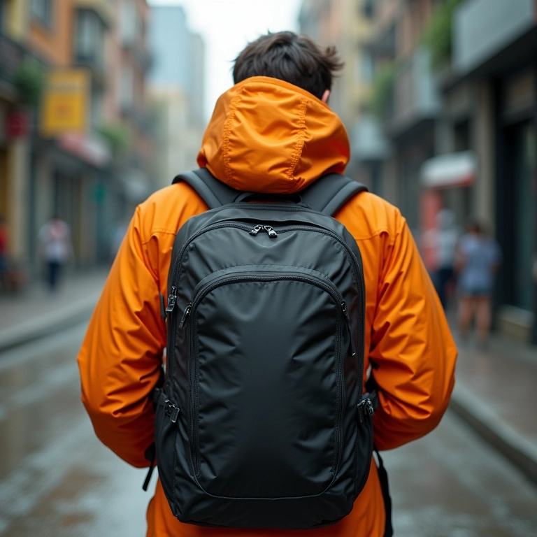 Mochila de 25 litros com agasalho e capa de chuva para clima instável.