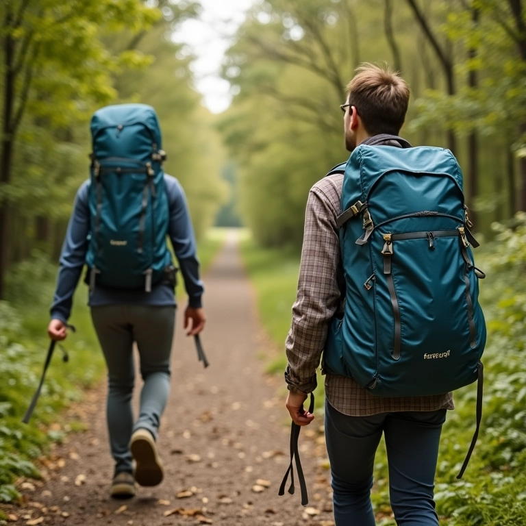 Mochila de 25 litros em diferentes cenários: trilha e parque urbano.