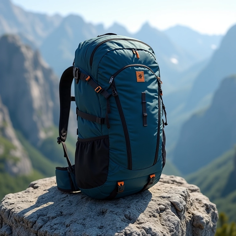 Mochila de 25 litros leve em borda de montanha rochosa.