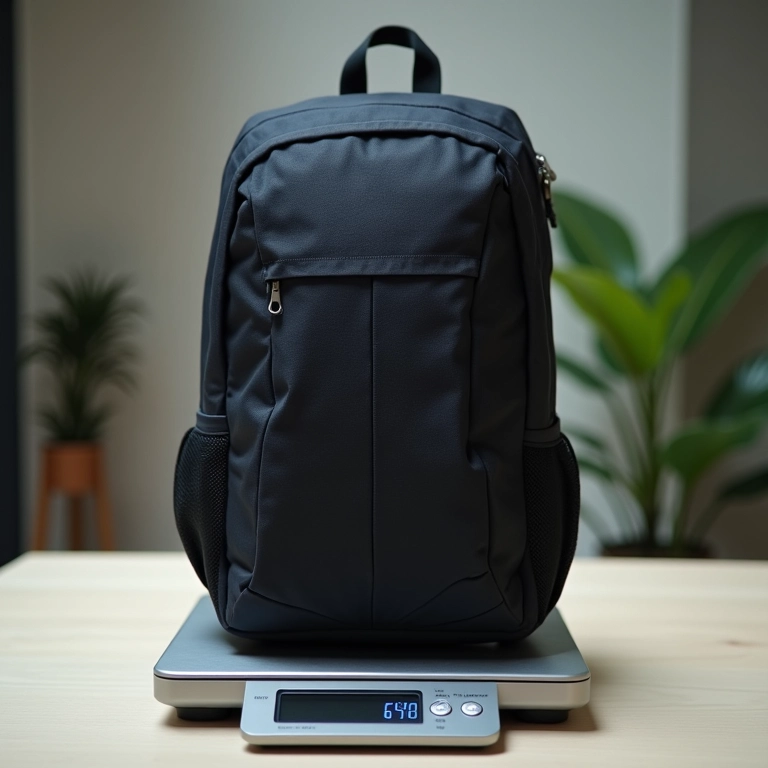 Mochila de 25 litros sendo pesada em uma balança.